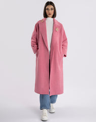 Coral Blossom Long Coat with Detachable Floral Brooch