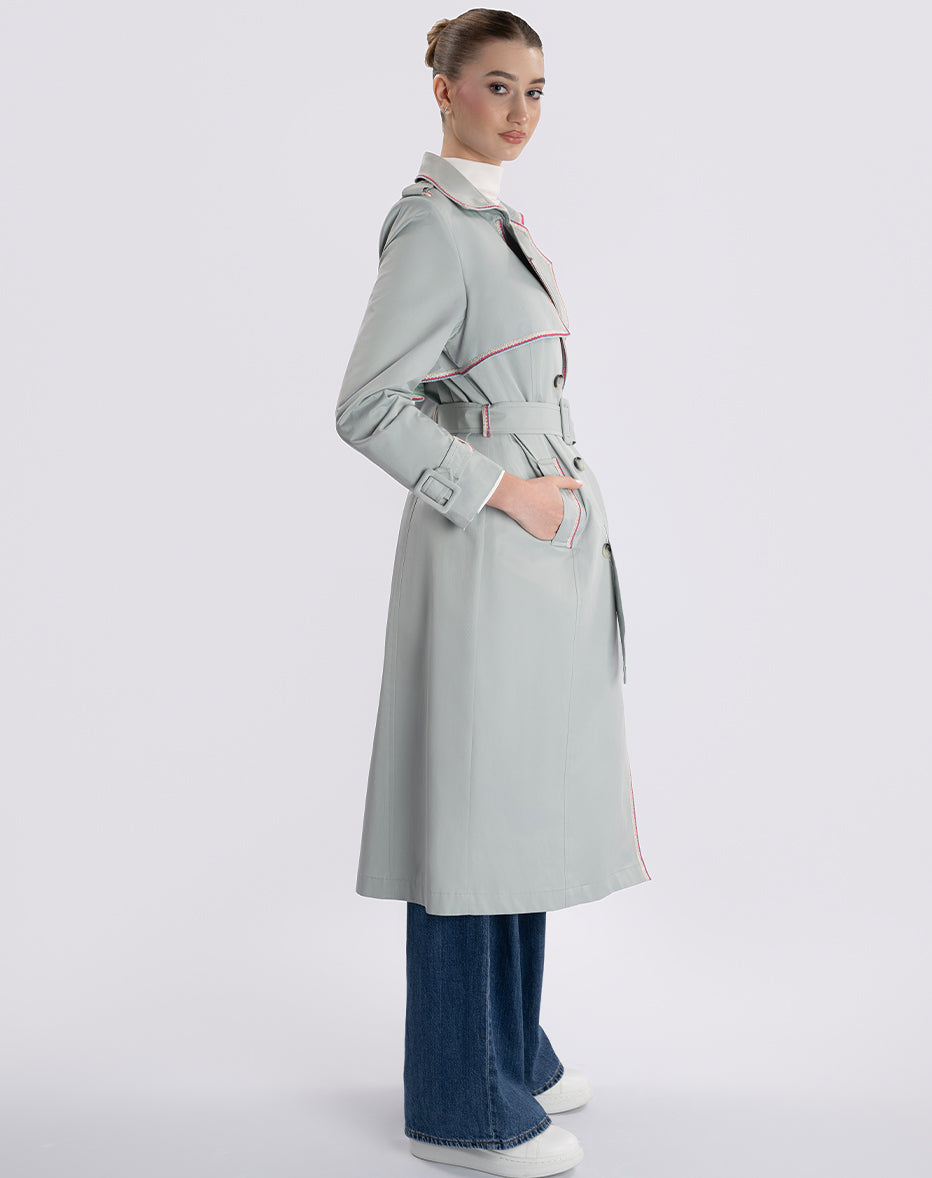 Dusty Blue Trench Coat with Playful Trims