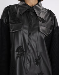 Elegant Black Leather jacket with Floral Embroidery