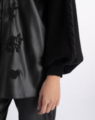 Elegant Black Leather jacket with Floral Embroidery