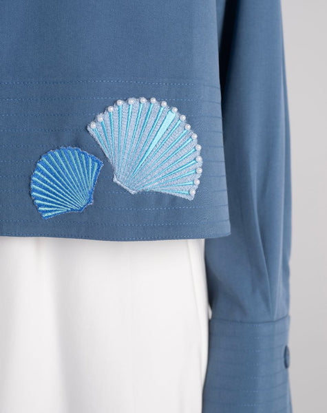 Deep blue crop shirt with shells embroidery